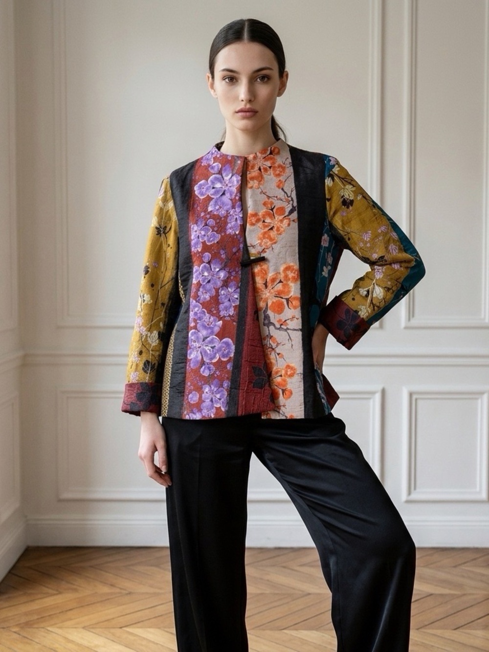 IC COLLECTION Multicolor Asian Floral Patchwork Blazer Jacket
